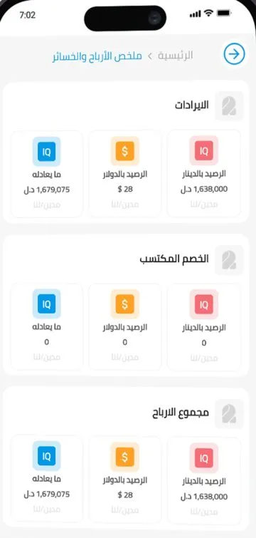 Profit and loss summary screen in the Alraed Sales app
